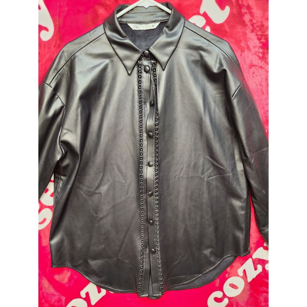 Zara Faux Leather Shirt Jacket Womens Medium Black Lace Trim Oversized Shacket